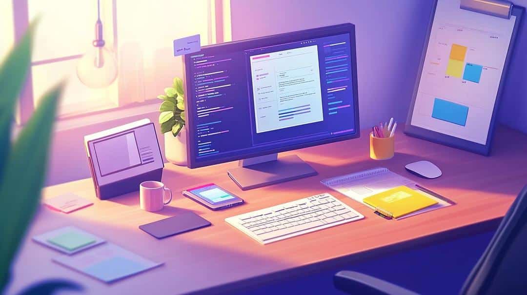 A bustling digital workspace features a designer's desk with multiple screens showing Divi WordPress, project management tools like Asana and Trello, and collaborative platforms, embodying the productive and systematic approach used to manage Divi projects.